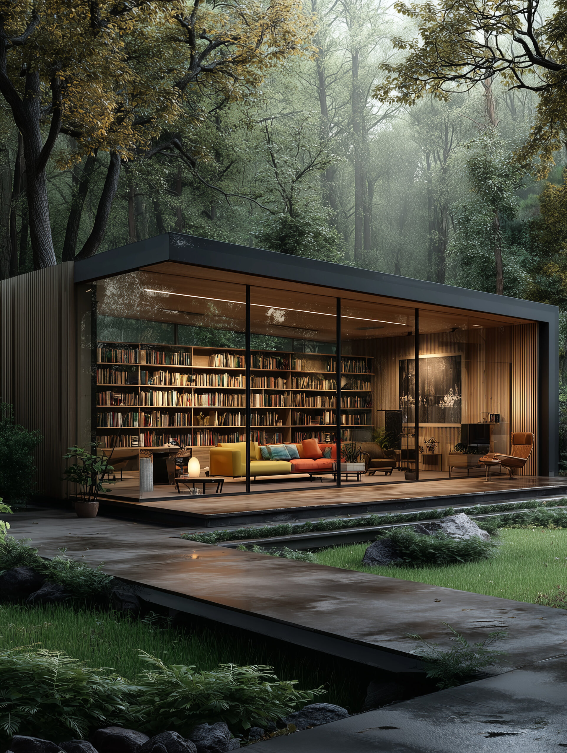 Glass pavilion library in the woods